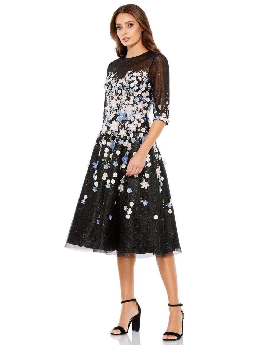 NWT Mac Duggal 11161 Floral Embellished Midi Dress Black Romantic goth Size 4